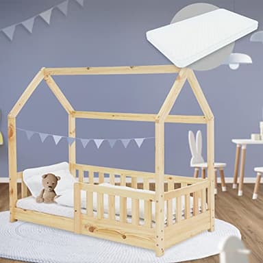 ML-Design Lit Cabane Enfant 70x140 cm Naturel avec Matelas, Protection Contre la Chute, Toit et Sommier à Lattes, en Bois de Pin Massif, Style Maison, Couchage au Sol Maisonnette pour Fille Garçon
