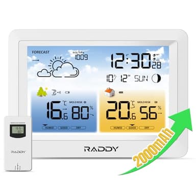 Station météo sans fil Raddy WM6 avec capteur à distance, batterie intégrée de 2000 mAh, baromètre, horloge DCF, prévisions météorologiques, alerte de risque de moisissure pour intérieur et extérieur