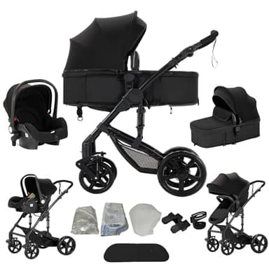 Veitoalioy Poussette 3 en 1, Haute vue Poussette Bebe Pliante, Poussant Avant Et Arrière En aluminium, Système De Voyage Pour Bébé (588 Noir)