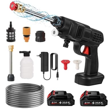 Nettoyeur Haute Pression sans Fil 60 Bar, 300W Nettoyeur Haute Pression à Batterie, Pistolet à Eau pour Lavage De Voiture avec Batteries, Tuyau 5m, Pulvérisateur de Mousse (B-2 Batterie)