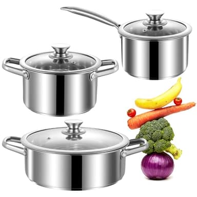 SHEUMNT Ensemble de Casseroles et Poêles en Acier Inoxydable, 6 Pièces, Set de Batterie de Cuisine Antiadhésif Compatible Induction/Électrique et Gaz, Antiadhésif, Sûr au Four et Lave-vaisselle