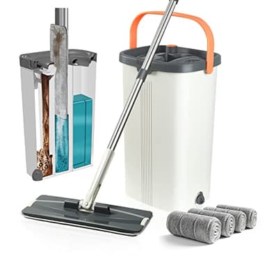 Jelymark Serpillère Plate et Seau avec essoreuse, sépare l'eau Sale et Propre, 3 Compartiments pour Utilisation Humide et sèche, Balai Mains Libres pour Le Nettoyage du Sol, 4 serpillères