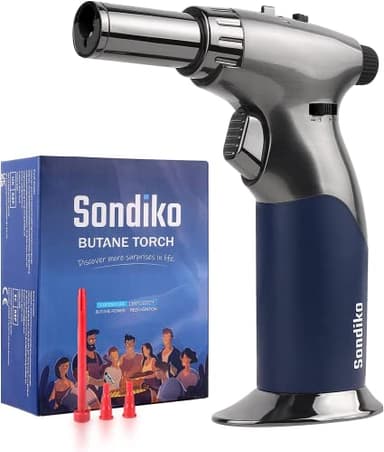 Sondiko Chalumeau de Cuisine, Triple Taille de Flamme Réglable, Chalumeau Rechargeable avec Verrouillage de Flamme Continu pour la Crème Brûlée, la Cuisine (Butane non Inclus)