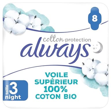 Always Cotton Protection Night Serviettes Avec Ailettes X8, Voile Supérieur 100% Coton Biologique