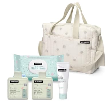 Suavinex, Sac à Langer Bébé avec Cosmétique : Gel Lavant Doux 300 ml + Lait Hydratant 300 ml + Crème de Change 75 ml + Lingettes 60 Unités. Cadeau Naissance Fille et Garçon, Panier Nouveau-Né, Beige