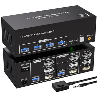 VPFET 4K144Hz Displayport HDMI Commutateur KVM 2 PC 3 Monitor 8K60Hz Triple Moniteur KVM Switch pour 2 Ordinateurs Share 3 Moniteurs avec 4 ports USB 3.0 avec 2 Câbles USB 3.0 et Commande
