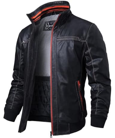 FLAVOR Homme Veste en Cuir véritable col relevé Noir Blouson (L, Noir)