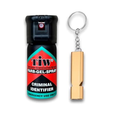 Spray de défense HOERNECKE TIW Farb-Gel 40 ML et sifflet d'alerte – Pack de Protection personnelle – Gel Rouge indélébile, portée 4 m, Usage légal – Ultra Compact pour Jogging, Sac à Main, Sacoche