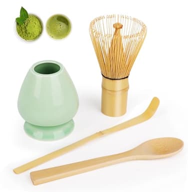 LWMTT 4 Pièces Fouet Matcha Kit, Matcha Kit, Fouet Matcha Bambou 80 Dents, Cuillère Traditionnelle, Support Fouet pour Matcha, Kit Matcha Complet sont Cadeau pour Noël et Anniversaires