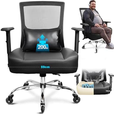 MELOKEA Fauteui de Bureau 200 kg XXL, Chaise Bureau Extra Large, Coussin à Ressorts, roulettes en Caoutchouc, Support Lombaire Réglable, Dossier Inclinable en Continu, Siège avec Coussin Lombaire