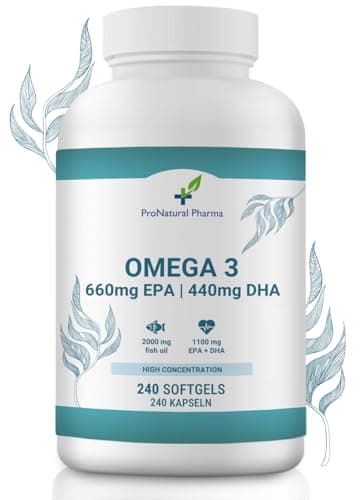 Oméga 3 2000 mg | 240 Gélules | Concentration élevée de 660 mg d'EPA et 440 mg de DHA. Huile de poisson pour le cholestérol, la santé du cœur, du cerveau et la tension artérielle | 4 mois | ProNatural