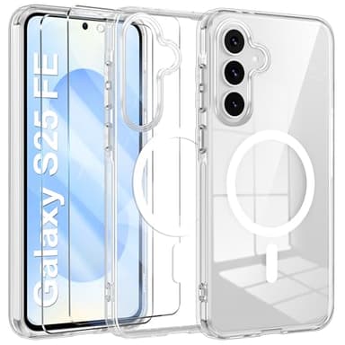 Opkiegrn Magnétique Coque pour Samsung Galaxy S25 Fe 5G Compatible avec MagSafe avec 2 Verre trempé Protection écran, Anti-Jaune Antichoc Caméra Protecteur Etui Housse Mat Case Transparent