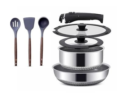 Ensemble Poêles & Casseroles Inox – Poêle 28 cm + Casserole 20 cm avec Couvercles, Manche Amovible, Design Empilable Gain de Place, Compatible Tous Feux Dont Induction, Set Cuisine Premium