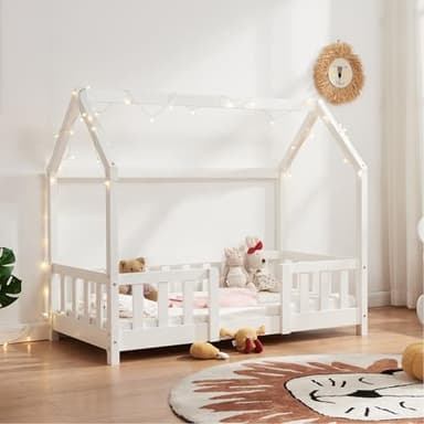 [en.casa] Lit Cabane Lit Enfant en Forme de Maison avec Sommier à Lattes avec Grille de Protection Confortable Capacité de Charge 50 kg Bois de Pin Contreplaqué 70 x 140 cm Blanc