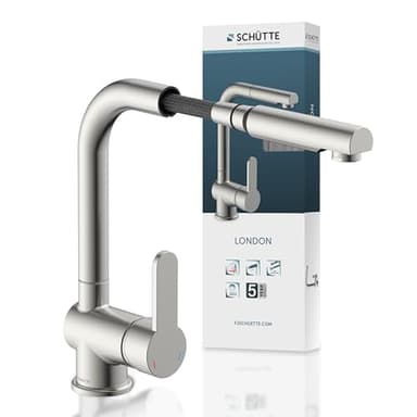 Schütte London Robinet Cuisine avec Douchette Extensible Mitigeur Rabattable Mitigeur Robinet Evier de Cuisine avec Douchette, Rotative à 360° Froid & Chaud Disponible, Acier Inoxydable