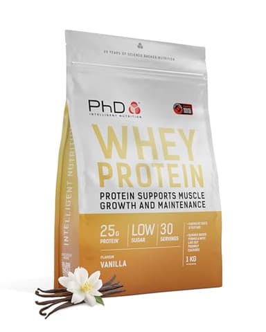 PhD Nutrition Whey Protein en poudre 1kg Vanille – Poudre de protéines riche en protéines avec 25g de protéines par portion, Informed Protein, enrichie en cultures bien tolérées