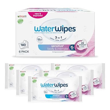 WaterWipes Sensitive+ Body & Intimate Wipes, Hygiène Corporelle et Intime, 180 lingettes (6 paquets), 3-en-1 nettoie, soigne, protège, 99,9% d'eau, lingettes humides non parfumées, Adult Care