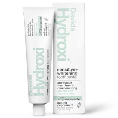 Davids Dentifrice naturel Nano Hydroxyapaite pour sensibilité, menthe poivrée, sans fluorure, sans SLS, émail reminéralisé, blanchiment doux, presse-dentifrice inclus, tube en métal recyclable, 145 g