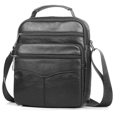 SPAHER Grand Sacoche Homme Bandouliere Cuir Veritable Sac à Bandoulière Vintage Sac Porté Epaule En Cuir Pochette Homme Cartable Besaces Crossbody Shoulder Bag pour Business Voyage, Noir