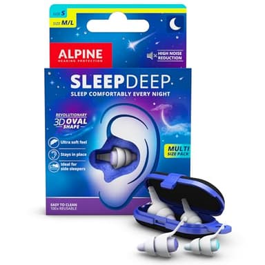 Alpine SleepDeep Bouchons d’Oreilles pour Dormir - Nouvelle Forme Ovale - Gel Anti Bruit Intégré - Confort et Atténuation au Max - Bouchons Anti Bruit avec Filtres Souples (Taille S + M/L)