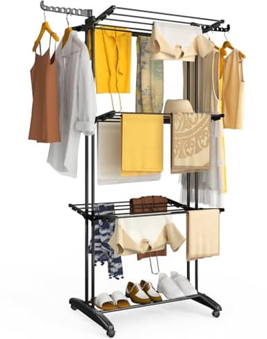 vounot® Étendoir à Linge à 4 Niveaux 125x62x173cm Sechoir à Linge Pliable Grande Capacité avec roulettes Ailes latérales Utilisation Intérieure et Extérieure Noir