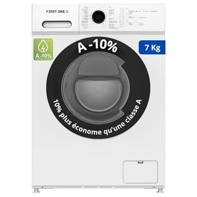 Lave-linge frontal FIRST ONE FLL71200WH - 7 Kg - 1200 tr/mn - 16 programmes - Eco - Intensif - Rapide – Très Faible conso Classe A-10%