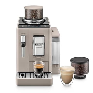 De'Longhi Rivelia EXAM440.35.BG, Machine À Café Grain Automatique, Grains Fraîchement Moulus, Bac à Grains Interchangeable, Buse Vapeur Lait Classique, 8 Recettes, Écran Tactile Couleur, Beige Sable