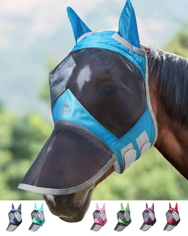 Harrison Howard CareMaster Pro Masque Anti-Mouches Lumineux pour Cheval - Grand Espace pour Les Yeux avec Oreilles - Protection UV pour Cheval - Bleu Ciel - Taille XL - Extra Complet