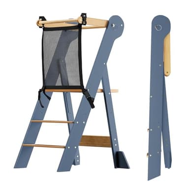 COSYLAND Tour d’Observation Montessori Enfant Pliable – Tour d’Apprentissage Réglable en Hauteur à Partir de 1 an, Kitchen Helper Bébé - Bleu Ardoise et Naturel