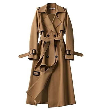 Manteau long pour femme avec ceinture - Élégant - Longueur genou - Trench - Coupe-vent - Veste de transition - Avec poches, kaki, L