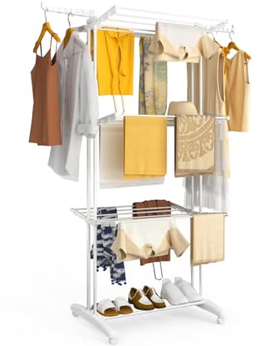 vounot® Étendoir à Linge à 4 Niveaux 125x62x173cm Sechoir à Linge Pliable Grande Capacité avec roulettes Ailes latérales Utilisation Intérieure et Extérieure Blanc