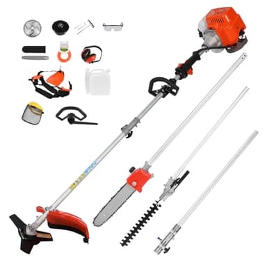 Débroussailleuse Multifonction Thermique 5 en 1, 52cc Taille Haie Telescopique Thermique 134cm, Elagueuse sur Perche, Tronçonneuse pour Sécateur, 2.3kw, 3CV, 2 Temps Tondeuse à Gazon (Orange)