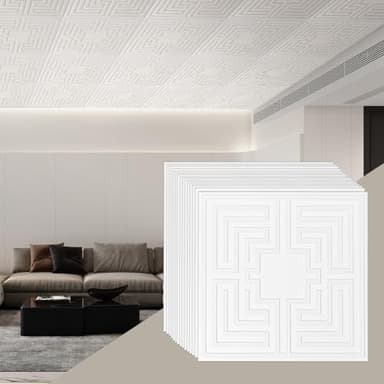 VEVOR Dalles de Plafond PVC, Lot de 12, Tuiles de Plafond Plastique à Coller, 605x605 mm, Installation et Découpe Faciles, Revêtement de Plafond pour Décoration de Maison, Bureau, Motif Echo, Blanc