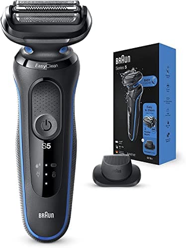 Braun Series 5 Rasoir électrique, avec accessoire de tondeuse de précision pour la coupe de la moustache et des favoris, 100 % étanche, prise de salle de bain à 2 broches, 50-B1200s, rasoir bleu