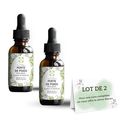 Fleur de Bach Perte de poids. Lot de 2 -Mélange efficace et naturel. En corrigeant vos pulsions, elles sont une belle aide pour retrouver un Poids de Forme.Flacon de 30 MLLot de 2