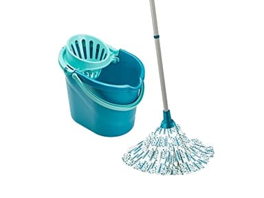Leifheit Set Classic Mop, seau essoreur avec lave-sol, balai à franges en viscose très absorbantes, support essoreur pratique pour essorage facile Turquoise