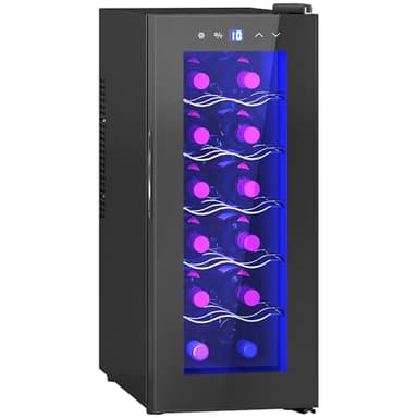HOMCOM Cave à vin 12 bouteilles 30L réfrigérateur à vin thermoélectrique double et silencieux - porte en verre, éclairage LED, écran tactile numérique, frigo vin contrôle de température 8-18°C, noir