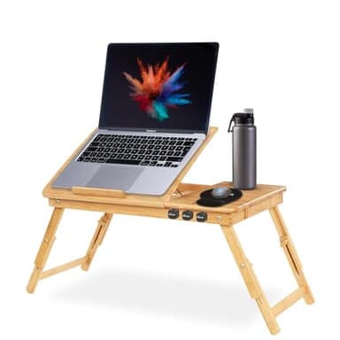 MOVADEK Table Ordinateur Portable Pliable Bureau de Lit Réglable en Bambou avec Tiroir Tapis de Souris et Organisateur de Câbles Support PC pour Lit Canapé