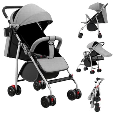 Poussette canne compacte Ingenious (Jusqu’à 30 kg),avec position allongée,de la naissance à 4 ans, assis ou allongé, avec coussin en coton/moustiquaire/porte-gobelet, C - Gris