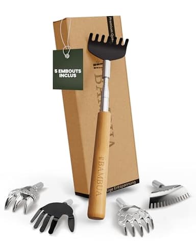 BAMBUA Gratte Dos télescopique - (Inclus 5 Embouts) Manche en Bambou - Pour des Sensations de Grattage Apaisantes - Grattoir Dos en Acier Inoxydable de Qualité - Back Scratcher - Idéal comme Cadeau