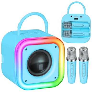 Spinosaurus Mini machine de karaoké pour enfants, microphones sans fil avec haut-parleur Bluetooth portable, 2 micros et haut-parleur LED coloré, cadeau d'anniversaire pour filles de 4 ans et plus