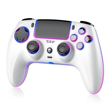 JORREP Manette sans fil pour PS5/Pro/Steam Deck/PC/MAC/iOS, manette de jeu avec éclairage RVB/double vibration/turbo/capteur de mouvement/programmable/connexion casque/batterie 1500 mAh (Blanc)