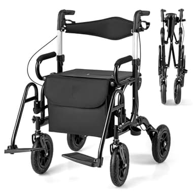 COSTWAY Déambulateur Tout-Terrain à 4 Roues avec Siège, Combiné Déambulateur et Fauteuil Roulant 2-en-1 avec Pneus Pneumatiques de 23 cm Hauteur Réglable, Rollator Charge 140KG (Noir)