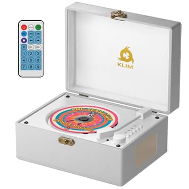 KLIM Retro CD Player – Lecteur CD Vintage avec Enceintes, récepteur Bluetooth, AUX, USB, Batterie Rechargeable, Design Platine Vinyle, Poste Audio décoratif Compact - Blanc