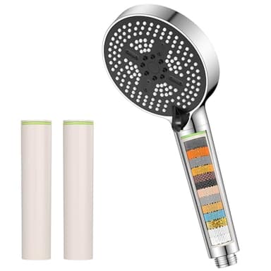 YEAUPE PRO Pommeau de Douche avec 25 Étapes Filtre,Pommeau de Douche Anti Calcaire da 110mm,6 Types Deau Haute Pression (Chromé),Élimine le Chlore,les Métaux Lourds,avec 2 Filtres Remplaçables