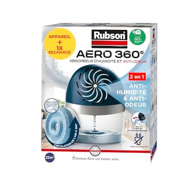Rubson - Absorbeur d'Humidité Aero 360 pour pièces de 20 m² – Déshumidificateur d'air anti-odeurs et anti-moisissures – 1 recharge neutre de 450 g incluse