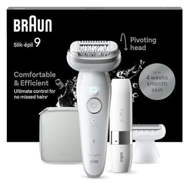 Braun Silk-épil 9 Épilateur Femme Épilateur Électrique Femme avec Tête Flexible pour une Épilation Simple, Wet & Dry, Peau Lisse Longue avec Tête pour Rasoir Femme et Capuchon Tondeuse