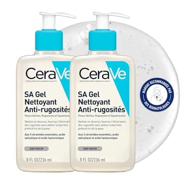 CeraVe - SA Gel Nettoyant Anti-Rugosités - Nettoie la Peau, Elimine les Rugosités - Acide Salicylique + Acide Hyaluronique + 3 Céramides Essentiels - Peau Sèche, Rugueuse, Squameuse - 2 x 236 ml