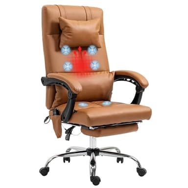 Vinsetto Fauteuil de Massage de Bureau, Chaise d'ordinateur chauffante, Repose-Pieds, télécommande, Coussin Appui-tête Amovible et Oreiller Lombaire, Poche de Rangement, Housse synthétique, Marron