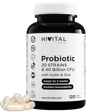 Probiotique 20 SOUCHES 40 MILLIARDS UFC avec inuline et zinc. 120 gélules vegan gastro-résistantes pour 2 mois de traitement. Probiotiques et prébiotiques. Fabriqué en Europe par HIVITAL